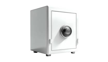 A gleaming white safe, angled slightly, with a combination dial and dark hinges