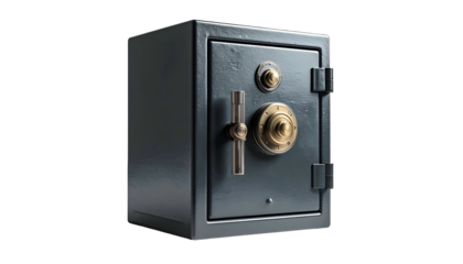 A metallic, secure safe with a dial, handle, and a black background