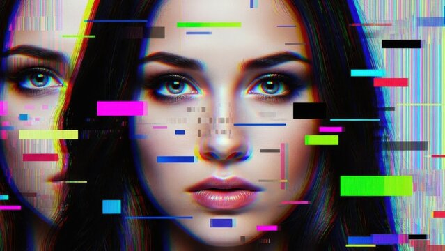 Enigmatic female portrait with vibrant digital distortion and abstract glitch effects - Powered by Adobe