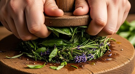 Hands compressing diverse aromatic herbs using rustic wooden press