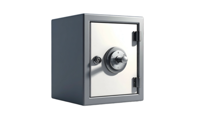 A metallic, gray safe with a round combination dial and a white door, isolated on black