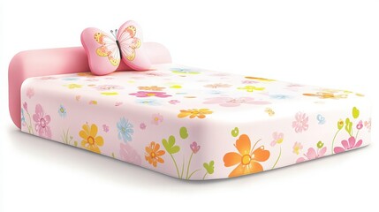 Charming pink floral bed with butterfly pillow creates a whimsical bedroom retreat, perfect for sweet dreams and imaginative play for children