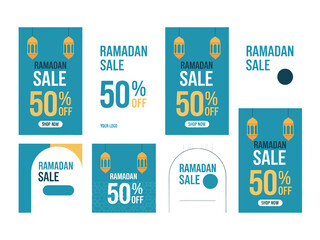 Vector collection of Ramadan sale social media banner templates with fifty percent off discount, hanging lanterns, and Islamic architectural frames.