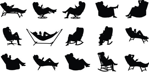 Silhouettes of people relaxing in chairs and hammocks, reading, lounging, resting, leisure activities, calm lifestyle, comfortable seating, relaxing poses