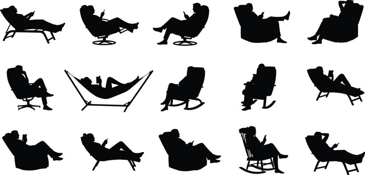 Silhouettes of people relaxing in chairs and hammocks, reading, lounging, resting, leisure activities, calm lifestyle, comfortable seating, relaxing poses
