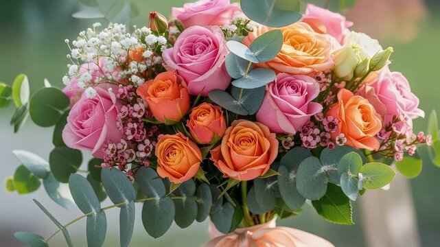 Close Up Of A Pink Orange Rose Bouquet With Eucalyptus And Baby's Breath Tied With A Peach Ribbon