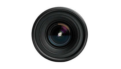 Close-up front view of a professional camera lens against a stark black background