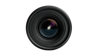 Close-up front view of a professional camera lens against a stark black background