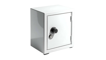A small white steel security box, front view, isolated on black, with a combination lock
