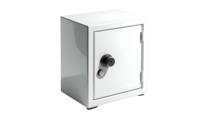 A small white steel security box, front view, isolated on black, with a combination lock