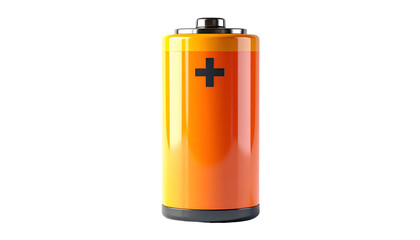 Shiny cylindrical battery with a plus symbol on an orange body against a black backdrop