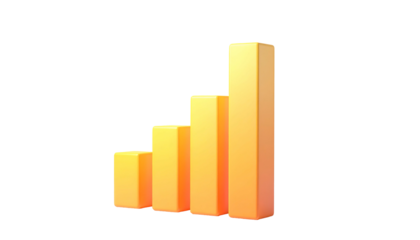 A 3D rendered golden bar graph illustration displaying increasing data trends