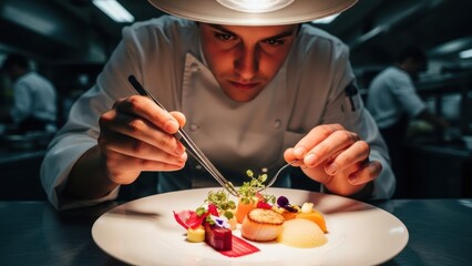 A fine dining chef plating a dish with surgical precision, using tweezers to place microgreens on a modernist composition, under the intense.