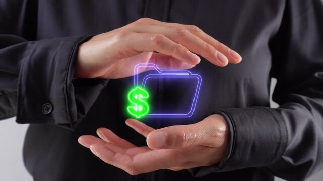 Organization of financial documents. Close-up of a woman's hands clasping each other. A virtual folder icon with a dollar sign.