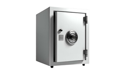 A white, metal safe, isolated against a black background, with a combination dial and lock