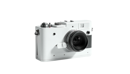 Modern, white digital camera with prominent lens, flash, and various control dials