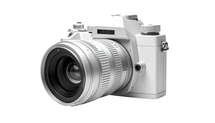 A detailed white vintage-style camera, angled, with a lens, all on a black background