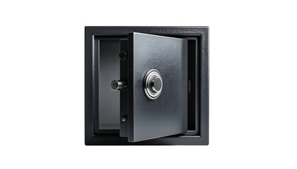 An open, dark, metal safe on a black background, with the door slightly ajar