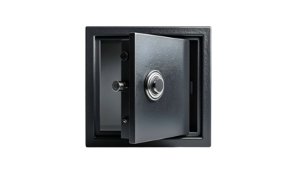 An open, dark, metal safe on a black background, with the door slightly ajar