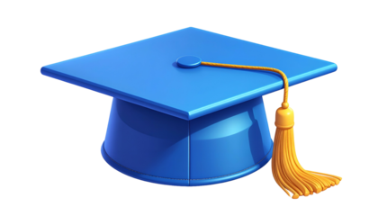 A glossy, blue square academic cap with gold tassel on a transparent background