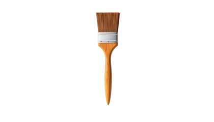Isolated paintbrush, featuring a wooden handle, metal band, and brown bristles, against black