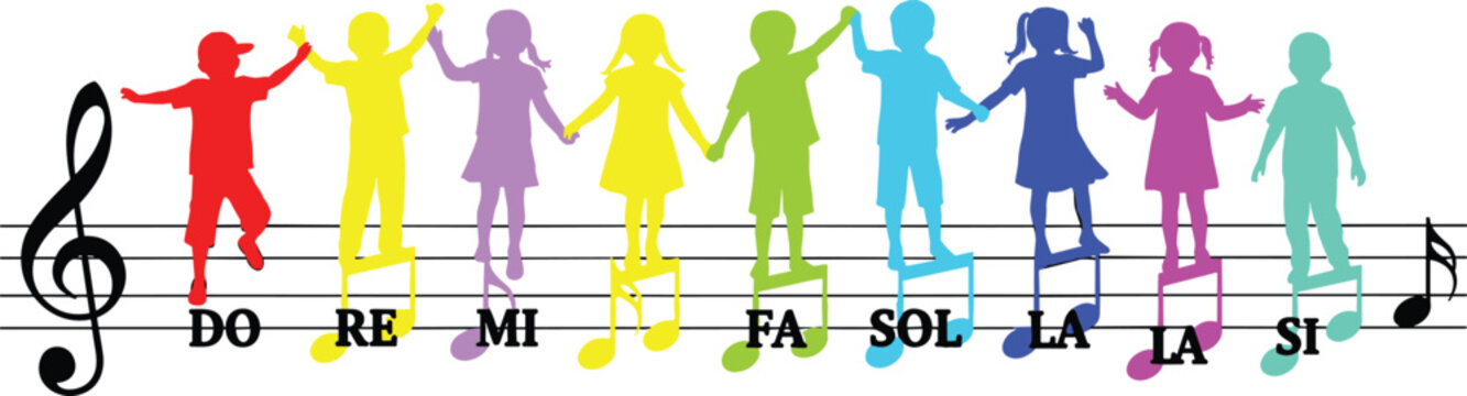 Solf&egrave;ge, music, children, colorful, notes, DO, RE, MI, FA, SOL, LA, SI, staff, treble, clef, education, playful, learning, illustration, design, concept