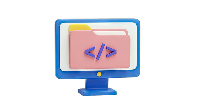 3D Render of Computer Monitor with Coding Folder