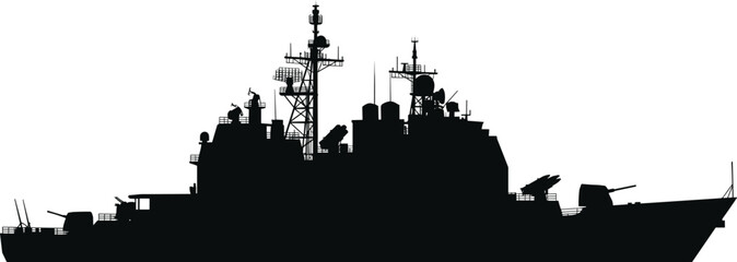 Military warship silhouette, navy destroyer, combat vessel, defense, battleship, armament, modern, security, ocean, vector, maritime. © Shahariar's World