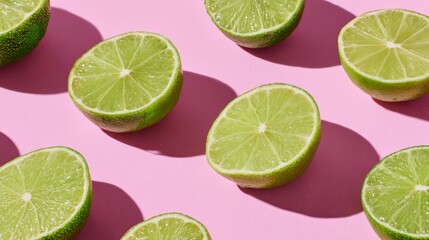 Close-up of halved citrus fruits with vibrant green interiors, arranged against a bright, solid pink backdrop, casting shadows