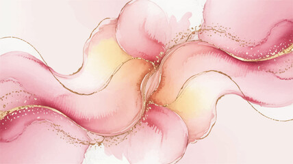 Soft ethereal watercolor background illustration with abstract floral shapes and gold accents in a serene environment viewed from above