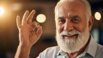 Elderly man with white beard giving okay gesture in a casual setting