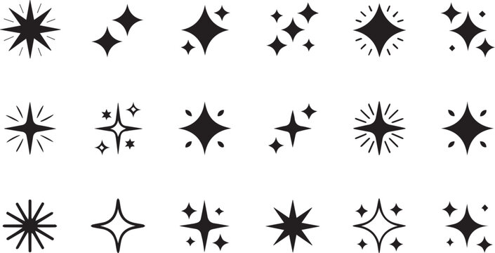 Black Sparkle Icon Set &ndash; 16 Stylized Star Symbols for Light, Shine, and Magical Effects in Design