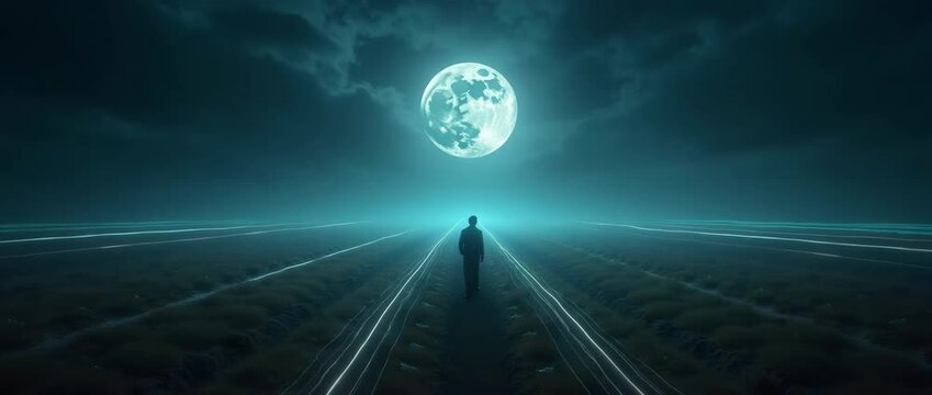A lone figure walks along a futuristic path under a glowing full moon, as the camera gently pans to reveal a serene, cinematic landscape with subtle light trails enhancing the scene's mystery.