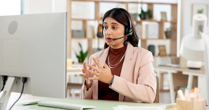 Call center, computer and woman with headset, telemarketing and communication with contact for offer. Typing, consultant and person with mic for conversation, online or discussion with tech in office