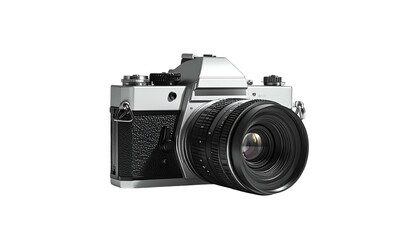 Fototapeta premium A classic 35mm film camera with a black lens, metallic body, and black background