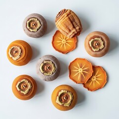 Artistic arrangement of dried persimmons on a bright and clean backdrop