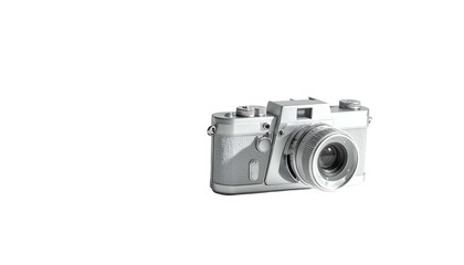 A white, retro-styled camera against a stark black background, lit with dramatic shadows