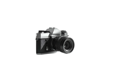 A classic 35mm film camera in grayscale sits isolated against a black background