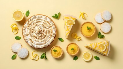 Assortment of Lemon Desserts and Pastries on a Yellow Surface Delight