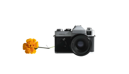 A vintage camera with a flower extending from the lens, isolated on a black background
