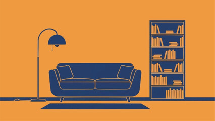 Minimalist Living Room Furniture Arrangement With Bookshelf.