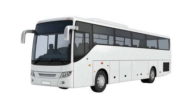 A sleek, white passenger bus with dark tinted windows, set against a transparent background