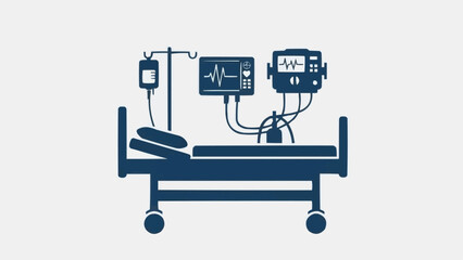Hospital Bed With Medical Equipment And IV Drip.