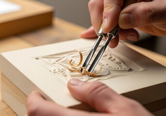 Close up of artisan handcrafting artistic design using carving chisels