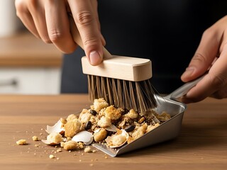 Cleaning up baking mess on wooden countertop with brush and dustpan