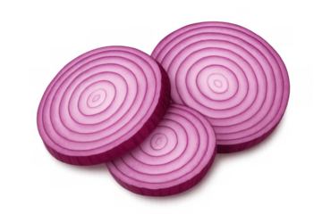Slices of red onion showing vibrant purple rings, fresh ingredient for cooking and healthy eating on transparent background
