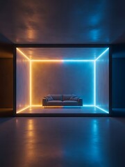 Contemporary couch inside illuminated cube with dual neon colors