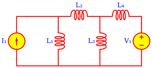 Editable Inductive Ladder Network Circuit Diagram with Multiple Inductors, Current Source and Voltage Source &ndash; Electrical Engineering Schematic for Transient Analysis, RL Circuits and Education