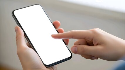 A woman holding a blank digital smartphone screen in an office setting for business communication and internet technology
