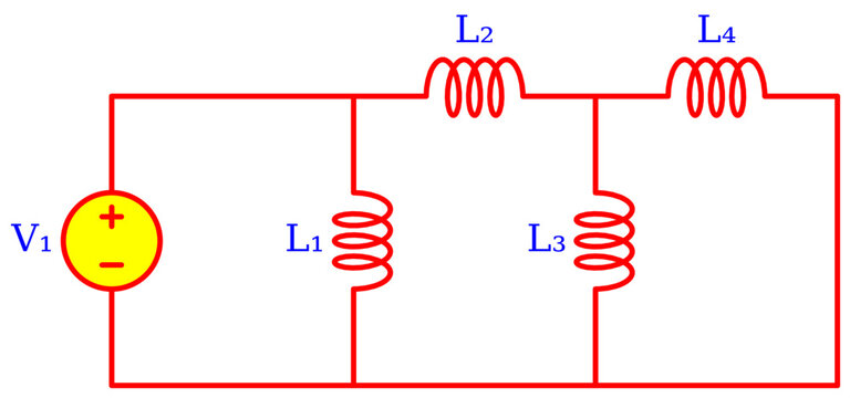 Editable Inductive Ladder Network Circuit Diagram with Multiple Inductors and Single Voltage Source &ndash; Electrical Engineering Schematic for Transient Analysis, Network Theory and Education
